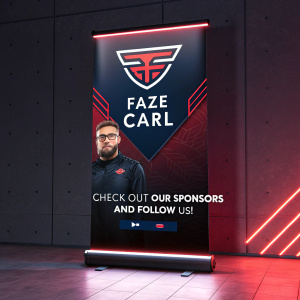Digital banner showcasing FaZe Carl with FaZe Clan emblem. Illuminated sponsor logos. Call to action: 'Check out our sponsors and follow us!' Dark background