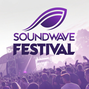 Modern logo design for Soundwave Festival. Vibrant purple color with sleek lines and dynamic font.