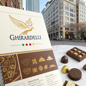 Brand guide for Ghirardelli, showcasing logo and branding elements. Logo is elegant with golden bird symbol. Includes fonts, colors like gold and accents, design specs.