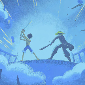 Digital artwork for One Piece Pirate Warriors 3 Deluxe Edition game. Vibrant illustration showcasing main characters Luffy, Zoro, and Sanji in intense battle scene.