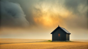 a Swedish wooden hut in a lonely landscape , very minimalistic, black background, foggy and stormy weather , style minimalistic , realistic style , wide angel photography