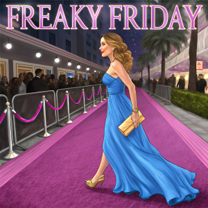 Jennifer Laporte walking the red carpet at the 'Freaky Friday' premiere, wearing a blue gown and golden clutch. Vibrant purple carpet