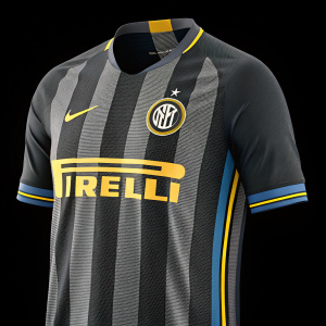 High-resolution design of a sleek, modern soccer jersey for Inter Milan. Dark grey and black vertical stripes with yellow Firrelli branding. The jersey features the team logo on the chest. Set against a solid black background to highlight the design and colors.