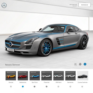 Mercedes SLS AMG Coupe showcased in a sleek, modern car configurator interface. Gray and blue color scheme