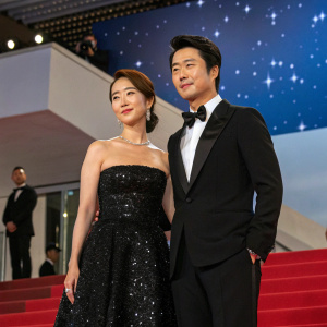 Lee Min-Jung and Kwon Sang-Woo at the Cannes Film Festival premiere. She is in a black sequined gown, he is in a black tuxedo. Starry night backdrop.