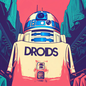 R2-D2, the iconic droid, showcased on a vibrant banner at a Star Wars merchandise store. White t-shirt with 'DROIDS' logo.
