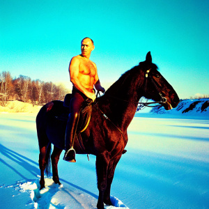 Digital illustration of Vladimir Putin, shirtless, riding a horse through a snowy landscape. Winter backdrop