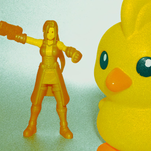 3D render of Tifa Lockhart, from Final Fantasy VII, in an action pose. Long, flowing hair, detailed attire. Chocobo figurine nearby. Grayscale, emphasizing textures, set against a plain white background.
