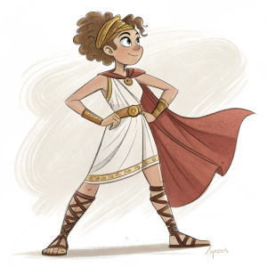 Hella, a young character with a bold, ancient-inspired outfit, confidently posing. Part of a series of sketches for a character design inspired by classical Greek art, all rendered in a rough sketch style.