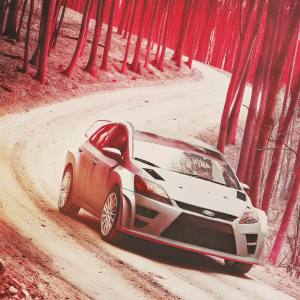 A sleek, silver and orange Hyundai i20 WRC racing car. Surrounded by dirt track and dense forest backdrop. Sponsor logos clearly visible.