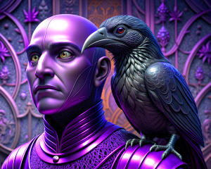 man with purple eyes, raven on shoulder, gothic temple in black colors