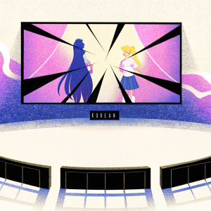 High-tech digital screen with anime-style graphics. Fragmented glass effect, dark futuristic design. Korean text visible. Two anime characters, one with long flowing hair, pose in center of screen.