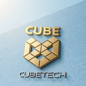 A sleek, metallic logo for 'CubeTech', rendered in 3D. The design features interlocking golden cubes forming the word 'Cube' on a gradient light blue background.