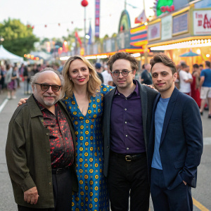 Danny DeVito, Julie Delpy, Todd Solondz, and Kieran Culkin posing for a candid photo at a bustling street festival, each in unique attire.