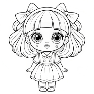 Black and white outline art for cute children coloring book pages, " Cry Baby as Melanie Martinez stands with a blueprint and tools, wearing a futuristic jumpsuit and a tool belt. The background features a high-tech spaceship with consoles, robotic arms, and a starry view through large windows, highlighting her technical expertise in engineering.", white background, whole body, full body ((white background)), only outlines used, cartoon style, thick lines, coloring book, clean lines, 