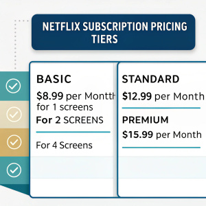 Infographic: Netflix Subscription Pricing Tiers

| Plan Type      | Monthly Price | Screen Options |
|----------------|---------------|----------------|
| Basic          | $8.99         | 1 Screen       |
| Standard       | $12.99        | 2 Screens      |
| Premium        | $15.99        | 4 Screens      |

Design: Clean, flat, and modern. Colors: Blue and neutral tones.