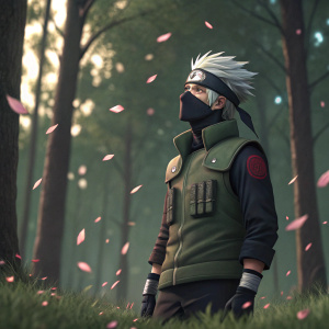 3D render of Kakashi from Naruto. Standing in a forest clearing. Petals falling around him.
