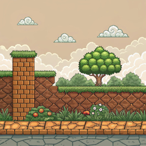 A nostalgic pixel art video game scene featuring a cracked brick wall, vibrant green shrubs, and textured stone pathways. Rustic aesthetics, simplistic pixel clouds, and a muted color palette evoke a sense of classic gaming nostalgia.
