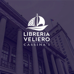 Libreria Veliero - Cassina's brand identity. Modern logo design. Color scheme: Pantone Dark Grayish Purple and white. Clean, modern typography. Placeholder for brand mission statement.