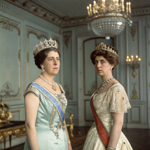 Queen Victoria Eugenia of Spain and Princess Beatriz, formally posed in a grand palace room.
