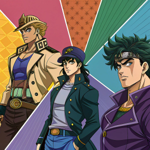 Illustration showcasing main characters from 'JoJo's Bizarre Adventure: Stardust Crusaders'. Each character with unique poses and vibrant anime style