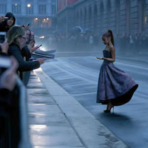 Ariana Grande, the enchanting sorceress, dons a flowing gown of twilight hues, standing amidst a bustling city street. Crowds of fans reach out as she pauses to sign autographs, her honey-hued tresses catching the neon lights. Her porcelain skin and glowing eyes add an ethereal touch to the vibrant urban scene.