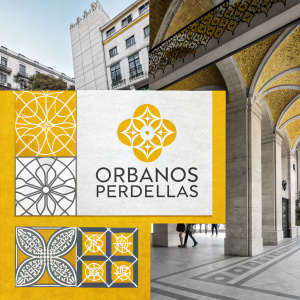 Brand identity for Orbanos Perdellas. Incorporates geometric shapes and architectural elements. Yellow and gray color palette. Contemporary and artistic collage-style design.