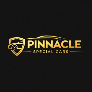 Pinnacle Special Cars logo. Gold text on black background. Stylized car and Pinnacle text logo