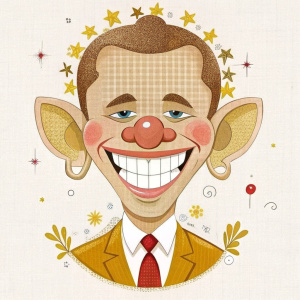 A cartoon depiction of Barack Obama, with exaggerated features and a playful twist. Obama's face is elongated, with a wide, toothy grin and a mischievous glint in his eye. His ears are slightly pointed, giving him a slightly elfin appearance. His hair is depicted as a wild, curly mess, with a few stray strands sticking out in every direction.

Clothing: Obama is dressed in a suit and tie, but the tie is loose and askew, giving him a slightly rumpled appearance. The suit is a bit too small for him, with the jacket straining across his broad shoulders.

Pose: Obama is depicted standing with his feet shoulder-width apart, with one hand resting on his hip and the other holding a pen. He's looking directly at the viewer with a confident, charismatic smile.

Caption: The caption reads, "The Hope-y Change-y Guy: Bringing Change to Washington, One Speech at a Time!"

Tone: The tone of the caricature is lighthearted and playful, poking fun at Obama's reputation as a charismatic orator and his promises of change during his presidential campaign. The image is meant to be humorous and affectionate, rather than mean-spirited or critical.

Artist: The caricature was created by a cartoonist known for his witty and irreverent take on politics and current events. The artist has a keen eye for detail and a talent for capturing the essence of his subjects in a few quick strokes.

Overall, this caricature of Barack Obama is a fun and lighthearted take on the former President, capturing his charisma and confidence while also poking fun at his reputation as a smooth-talking politician.
