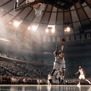 Monta Ellis, in a heated basketball game at Madison Square Garden, launches a fierce shot towards Sam Cassell. The crowd, a vibrant mix of fans, cheers loudly, their faces alight with excitement.