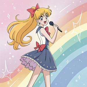 Digital illustration of Minako Aino from the Sailor Moon series. She is standing with a cheerful expression, holding a microphone. Her stylish dress features a ruffled skirt. Pastel colors with sparkles create a vibrant, anime-inspired background.