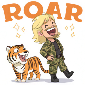 Digital illustration featuring a cheerful character inspired by Joe Exotic. Blonde hair, big smile, camo outfit. Standing next to a smiling tiger with matching expression. 'ROAR' in bold letters. Cartoonish, anime-inspired art style.