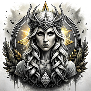 Nordic Godness Snotra - perfect realistic art, high-definition grey and black, white background tattoo design