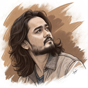 Digital portrait of Bhuvan Bam, sketch style. Long dark hair, beard, serious expression. Abstract brown background with brush strokes.