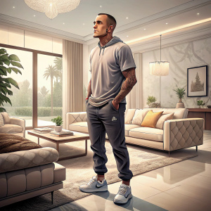 Fabio Cannavaro, standing in a luxurious living room, casual attire. Tattoos on his arms visible. Brightly lit, modern furniture in the background.