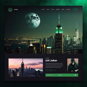 Website redesign with Gotham City skyline, dark color scheme, green hues, and images of the Joker character.