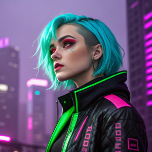 Rebecca, a young woman in a cyberpunk themed photoshoot. She sports neon blue hair, red contacts, and avant-garde makeup. She is wearing a black jacket with vibrant green and pink accents. The backdrop is a glowing purple cityscape. Digitally rendered with sharp lines and vivid colors.