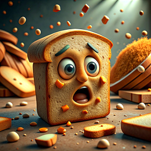 slice stale bread with dump face in background  a lot in small piece