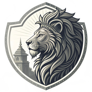 A digital art piece showcasing a reimagined logo for Utkalika, inspired by the Sima lion guardian of temples. The logo features a detailed, stylized Sima lion and a close-up of a similar figure. The color palette is monochromatic, with various shades of grey.