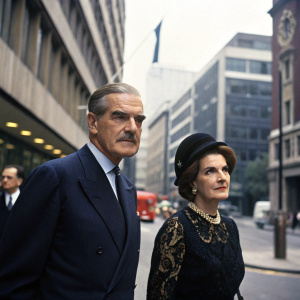 Sir Anthony Eden and his wife, captured in a candid moment. He sports a stern expression, dressed in a navy suit and matching tie. She is adorned in a black lace dress and hat. The scene takes place in a bustling city street with modern architecture