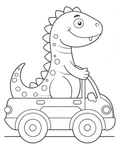 Coloring page, create graffiti outline of full body  dinosaur driving car white background, black line art
