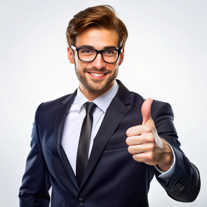a brutal man in a black coassic suit and black glasses holds a thumbs up