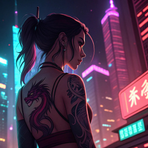 Digital illustration of Akali, adorned with dragon-themed tattoo on her back. Rendered against a futuristic, neon-lit urban landscape.