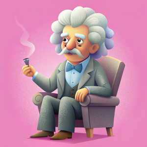 A cinematic image of Einstein aitting in a chair smoking a pipe, 8k, cartoon