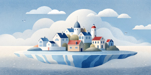 White illustration, Rene magritte style, isolated surrealistic collage of a lot of old Finnish houses and trees on island, huge ocean and big sky, light pastel colors, asymmetrical composition, zoom out view, grainy texturing paper