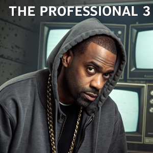 Album cover for 'The Professional 3' by DJ Clue. Man of African descent, mid 30s, intense look. Wearing casual hoodie, chain necklace. Background features muted TV screens, grunge style. Album title displayed prominently.