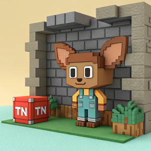 Voxel art of a blocky, cartoon character in Minecraft style. Brown skin, large ears, friendly face. Standing in front of a stone wall. A small red TNT box to the left. Pixel art with limited color palette.