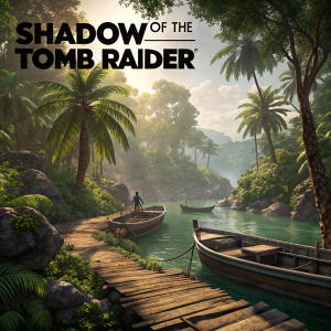 Highly detailed 3D artwork featuring Shadow of the Tomb Raider. Dense rainforest setting with a wooden dock. Boats anchored nearby. Tropical palm trees and lush greenery in the background. The title 'Shadow of the Tomb Raider' prominently displayed.