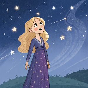 Eldarya, a cheerful female character, stands in a digital artwork. She has fair skin and long blonde hair. Wearing a v-neck, full-length dress with a cosmic design. Background: starry night sky