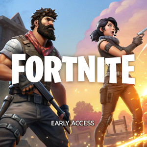 A promotional poster for Fortnite featuring characters in action poses. Left side shows a bearded male hero with a confident stance, right side captures a young woman with dark hair reacting in surprise. Middle section highlights game logo and early access info.